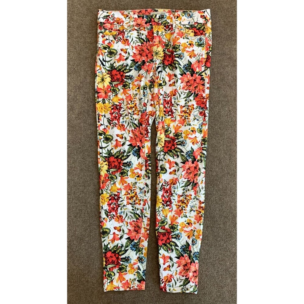 Zara Pants Womens 6 Slim Fit Straight Leg Floral Cotton Twill Stretch Denim